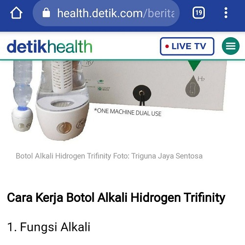 Botol hidrogen alkali trifinity sudah di liput oleh Media Detik