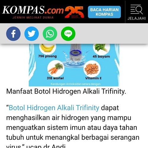 Botol hidrogen alkali trifinity sudah di liput oleh Media Kompas